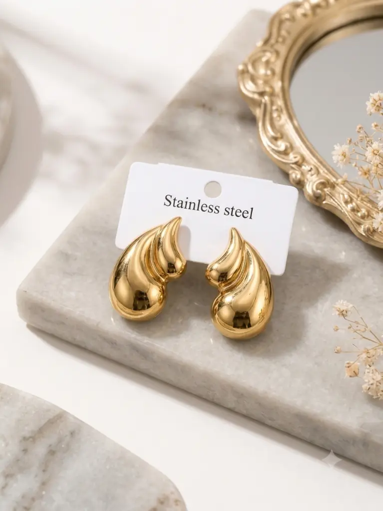 Golden Ribbed Teardrop Studs - Earrings.webp